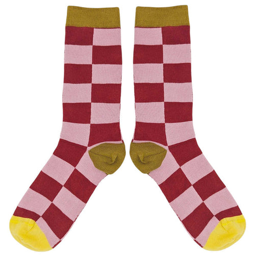 Women's Red And Pink Cotton Check Socks