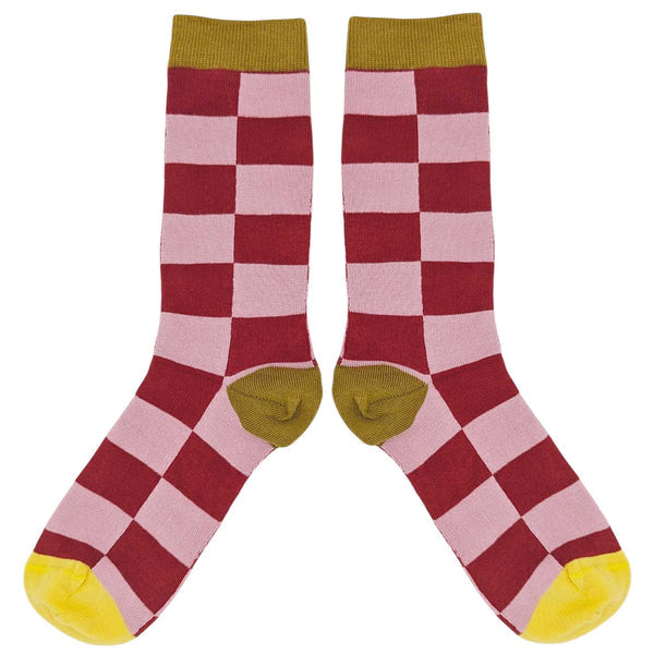 Women's Red And Pink Cotton Check Socks
