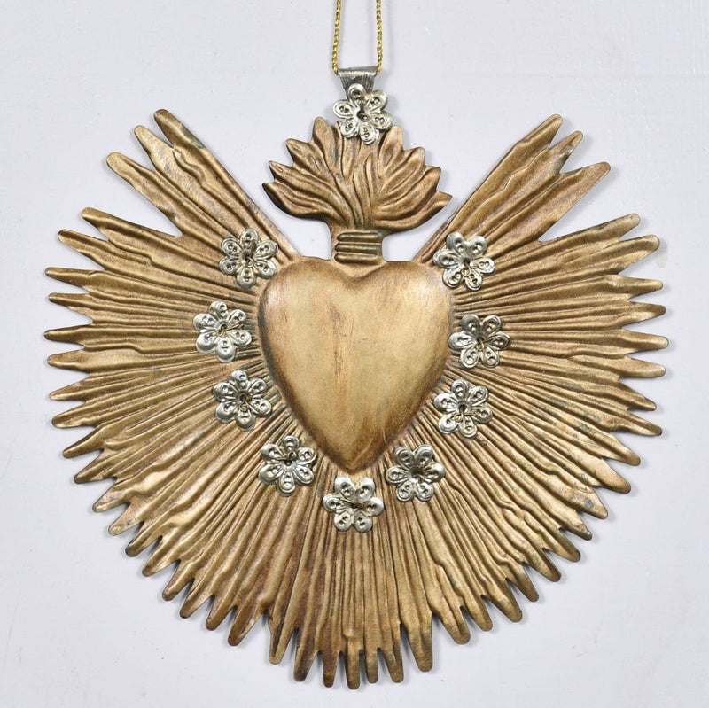 Large Antique Gold Milagro Hanging Heart " Sunburst Flame"