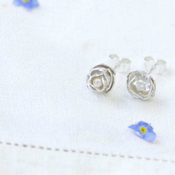 Small Peony Studs, Silver and Pearl