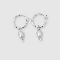 Hinged Huggies with Pearl Drop, Silver