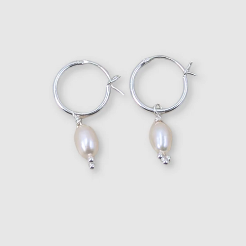 Hinged Huggies with Pearl Drop, Silver