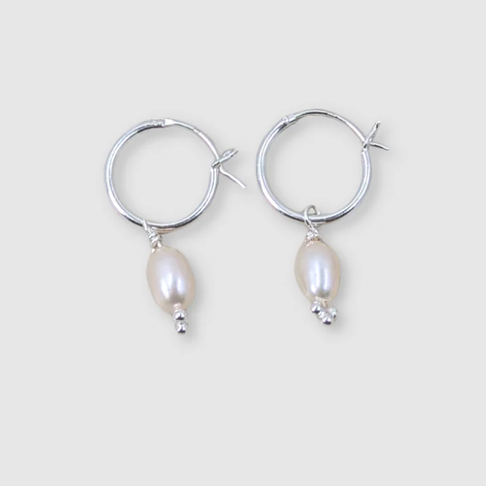 Hinged Huggies with Pearl Drop, Silver