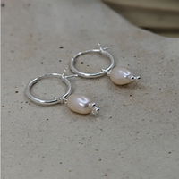 Hinged Huggies with Pearl Drop, Silver