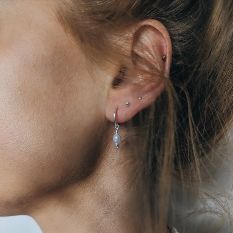 Hinged Huggies with Pearl Drop, Silver