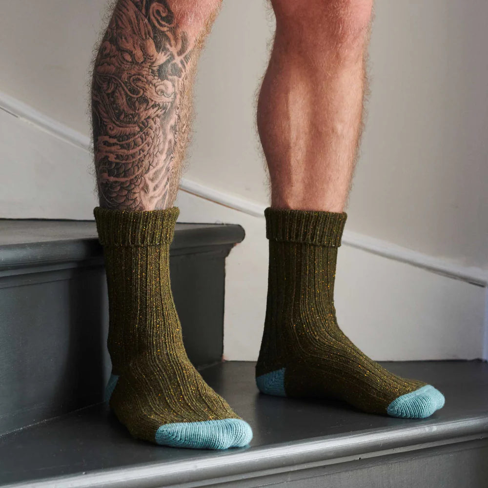 Unisex Dark Green & Jade Recycled Silk Blend Chunky Socks