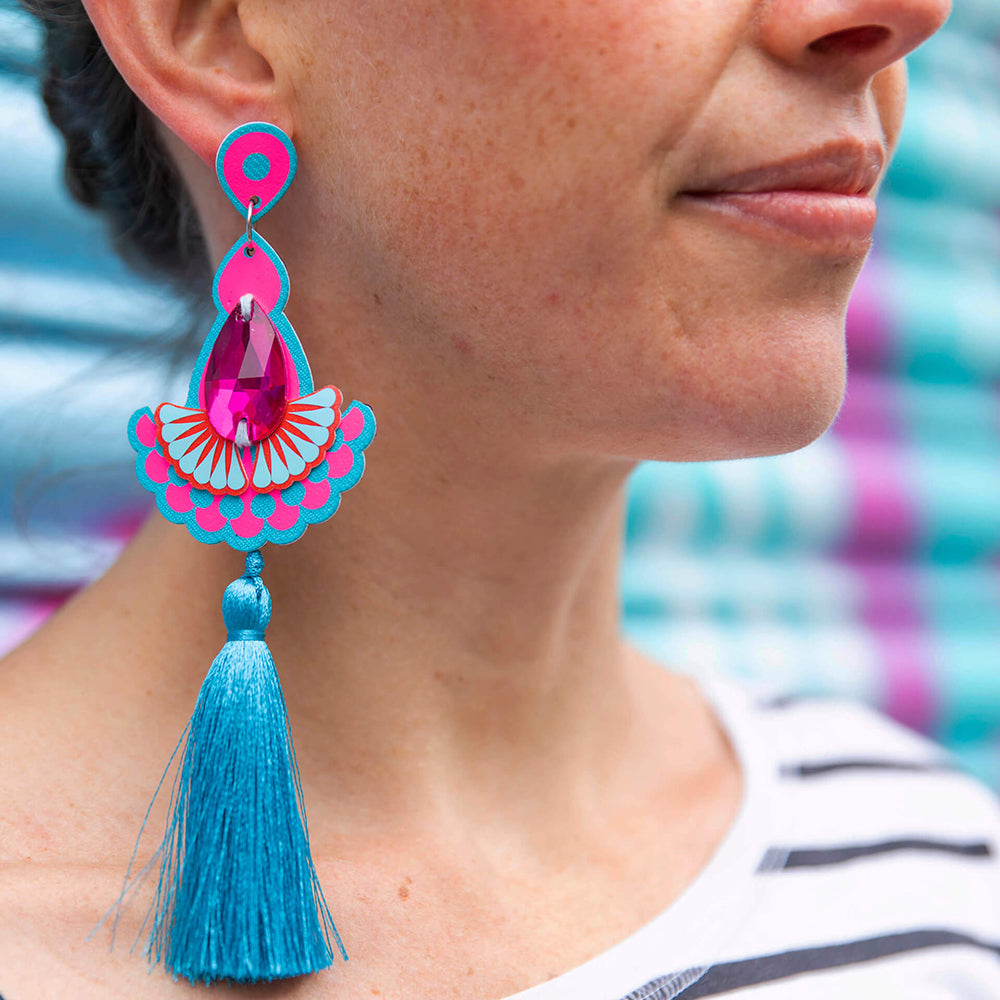 Large Statement Tassel Earrings - Sky Blue, Teal & Pink