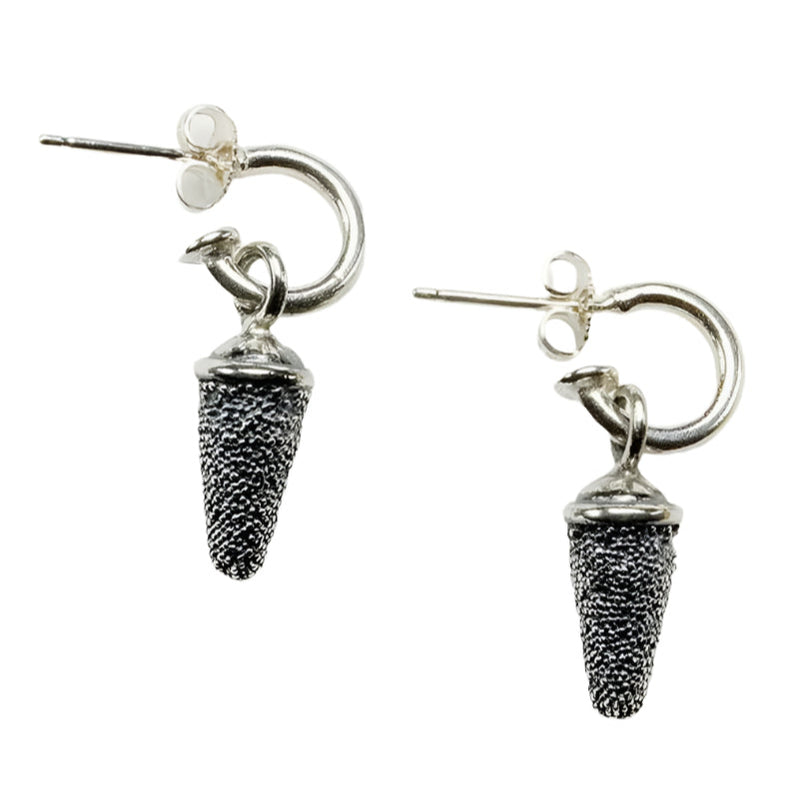 Textured Pod Drop Earrings, Oxidised Silver