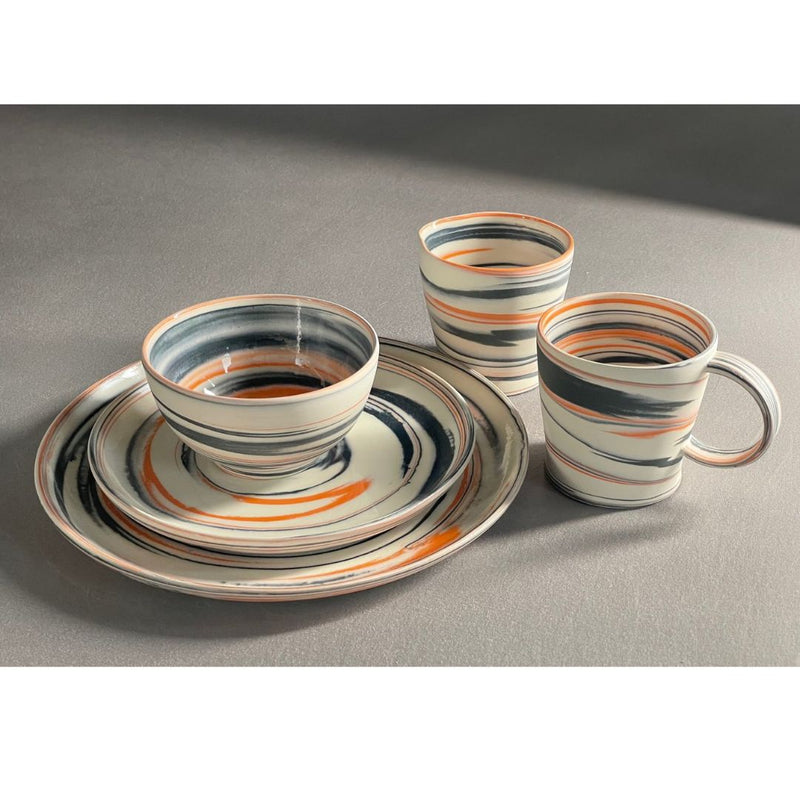 Polished Porcelain Cup With Orange And Blue/Grey Swirls