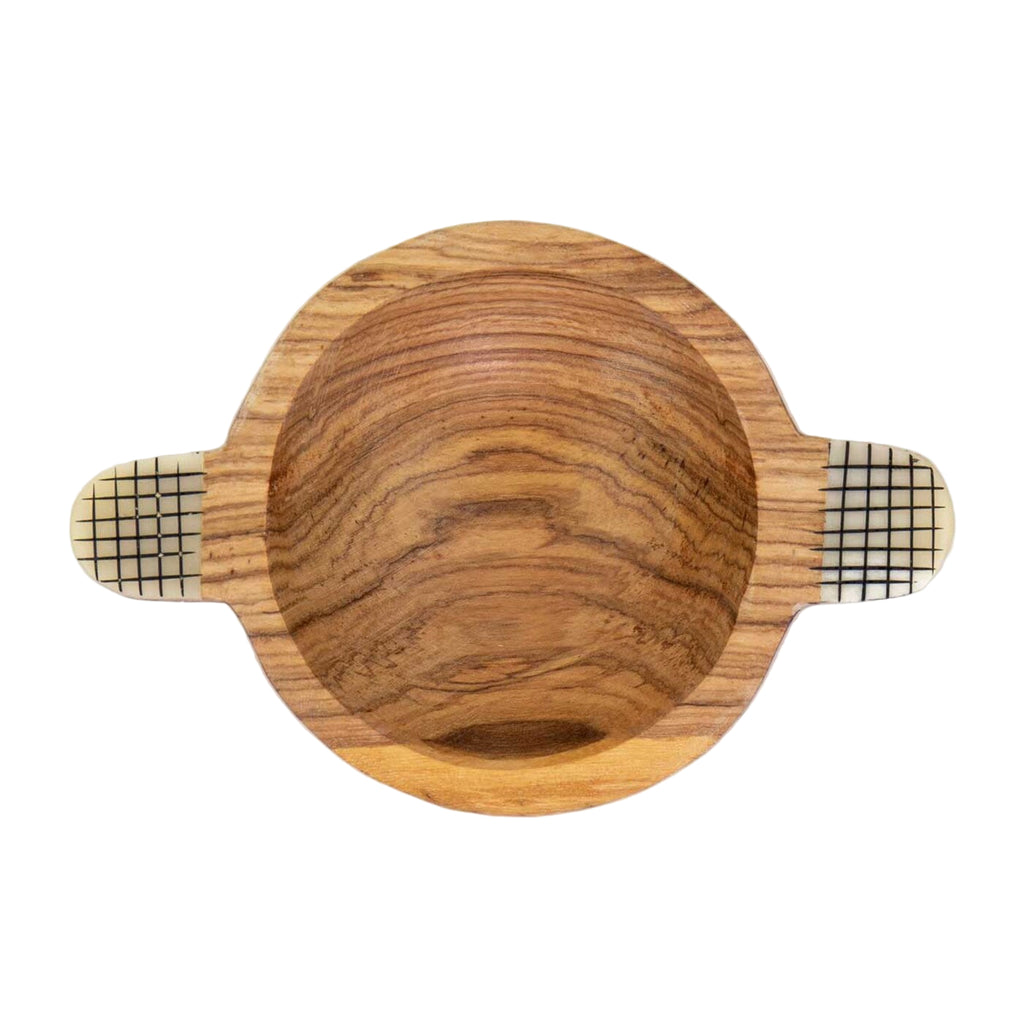 Olive Wood Bowl with Check Handles