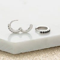 Huggie Earrings With Black Stones | Rhodium Plated Sterling Silver