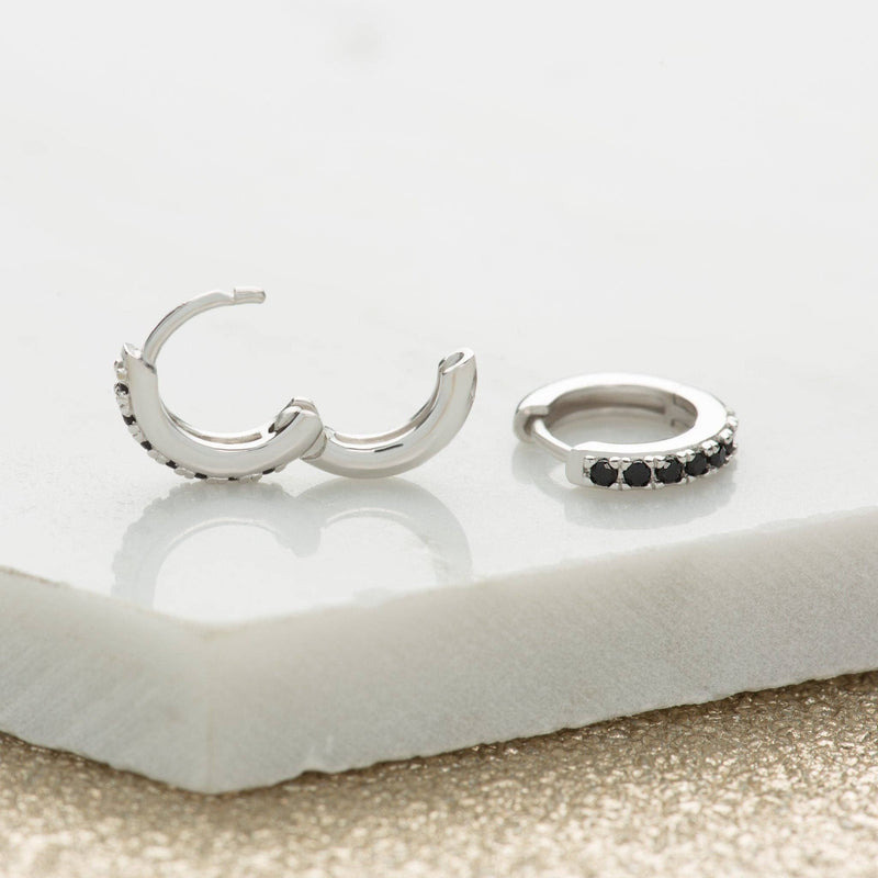 Huggie Earrings With Black Stones | Rhodium Plated Sterling Silver