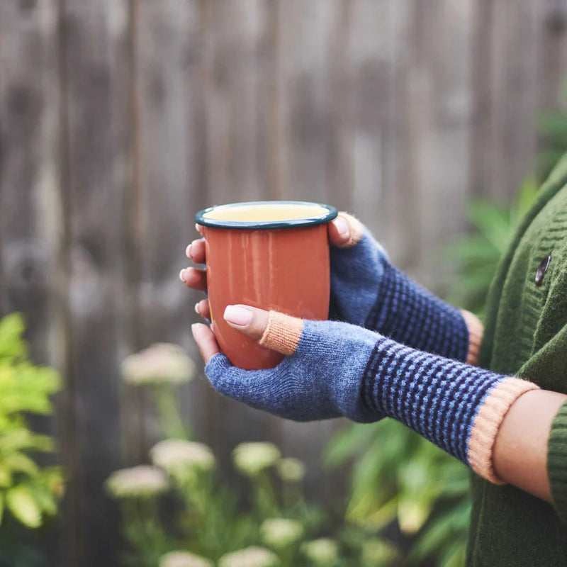 Denim Blue & Peach Lambswool Fingerless Gloves