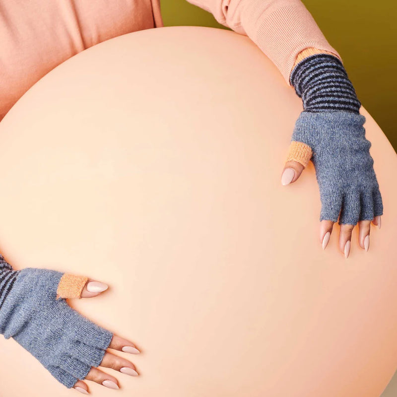 Denim Blue & Peach Lambswool Fingerless Gloves