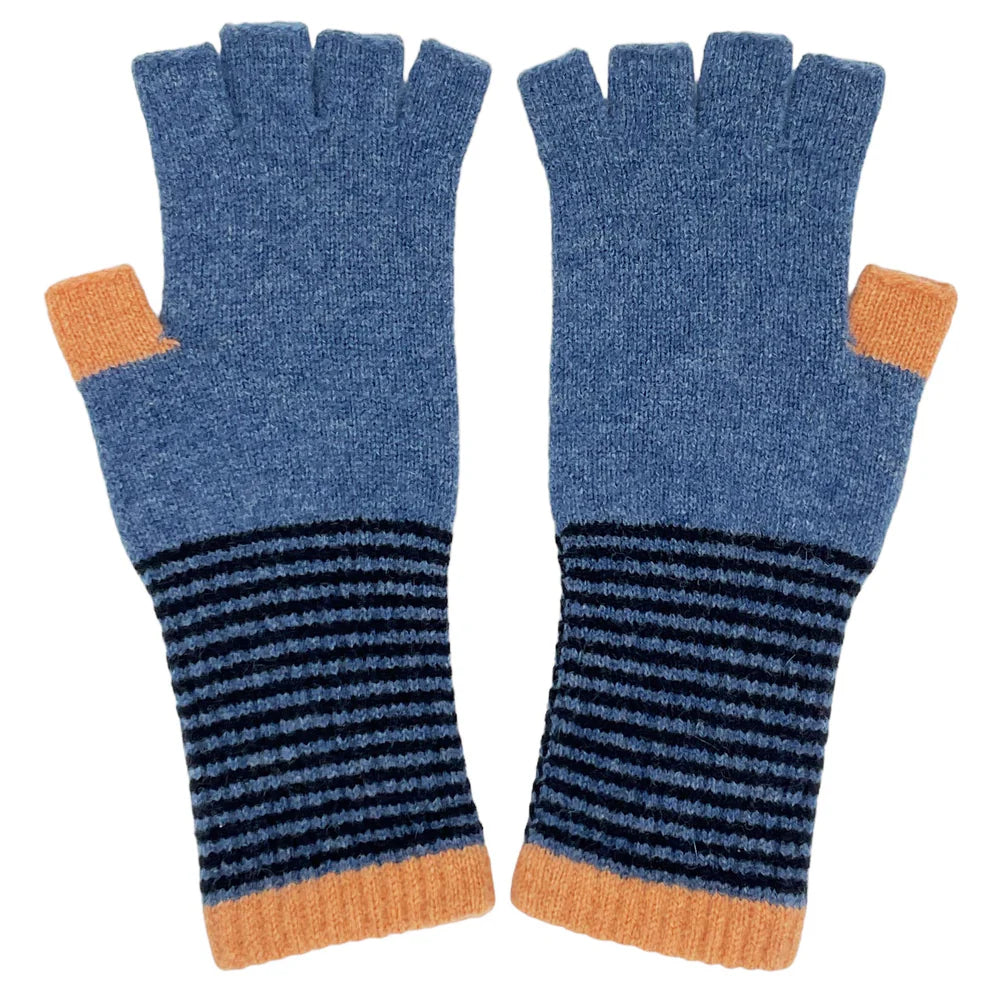 Denim Blue & Peach Lambswool Fingerless Gloves