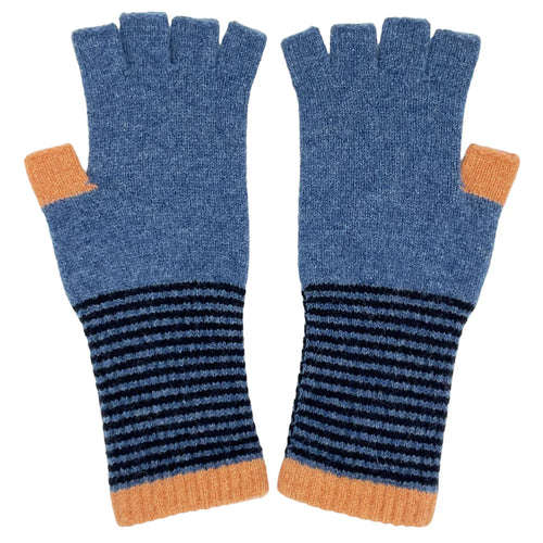 Denim Blue & Peach Lambswool Fingerless Gloves