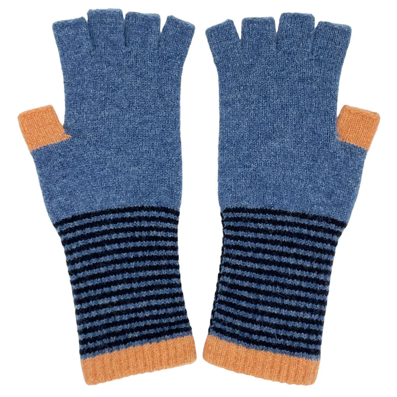 Denim Blue & Peach Lambswool Fingerless Gloves