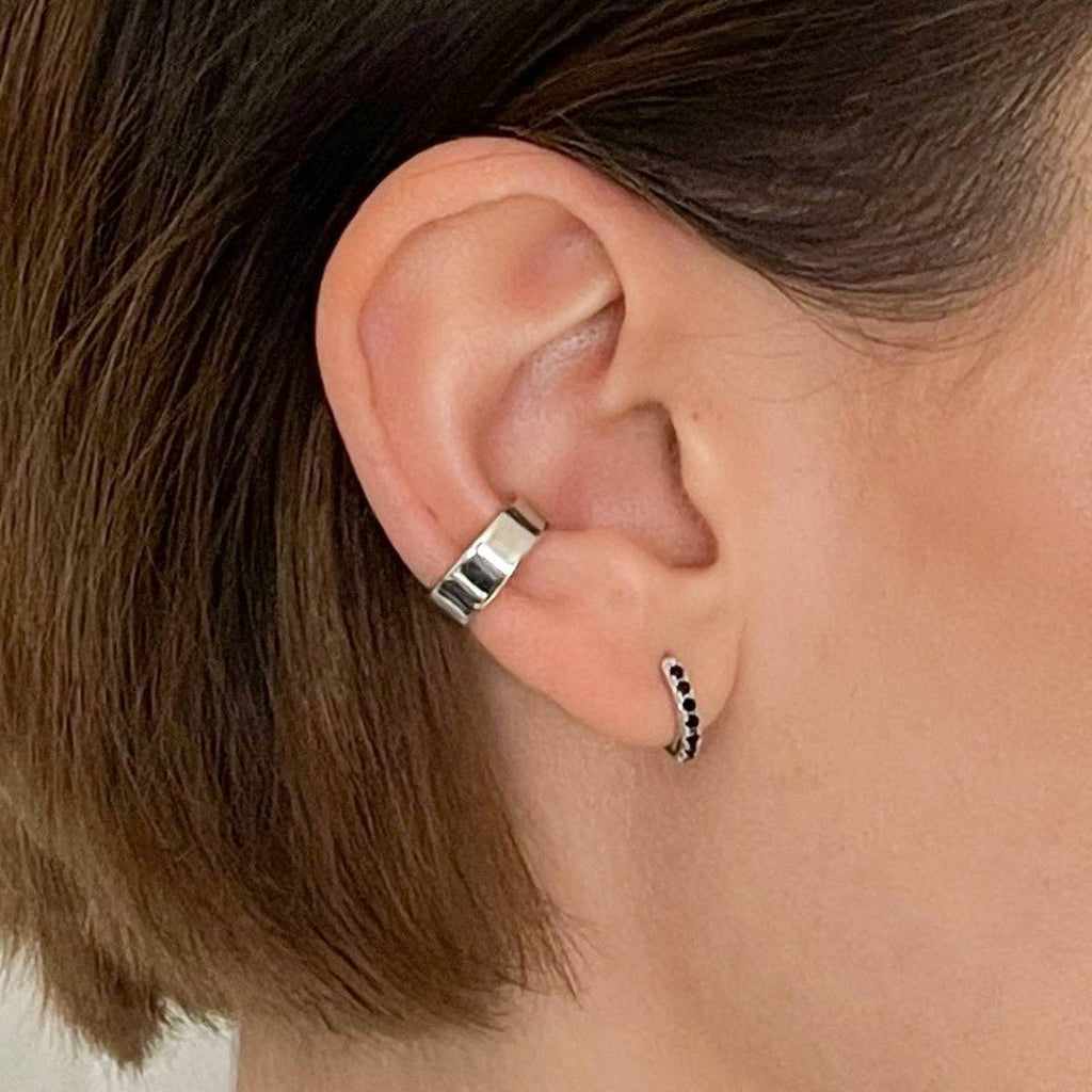 Huggie Earrings With Black Stones | Rhodium Plated Sterling Silver