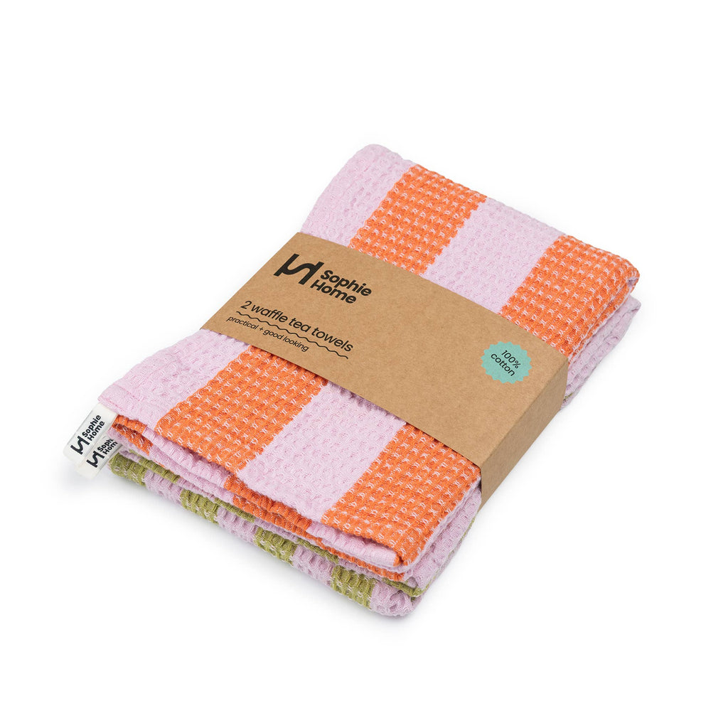 Cotton Waffle Tea Towel 2 Pack | Striped Pink