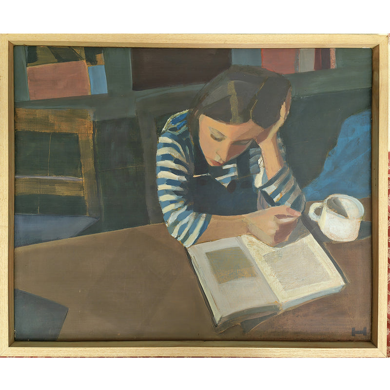 'Reading in The kitchen' Oil On Board Framed