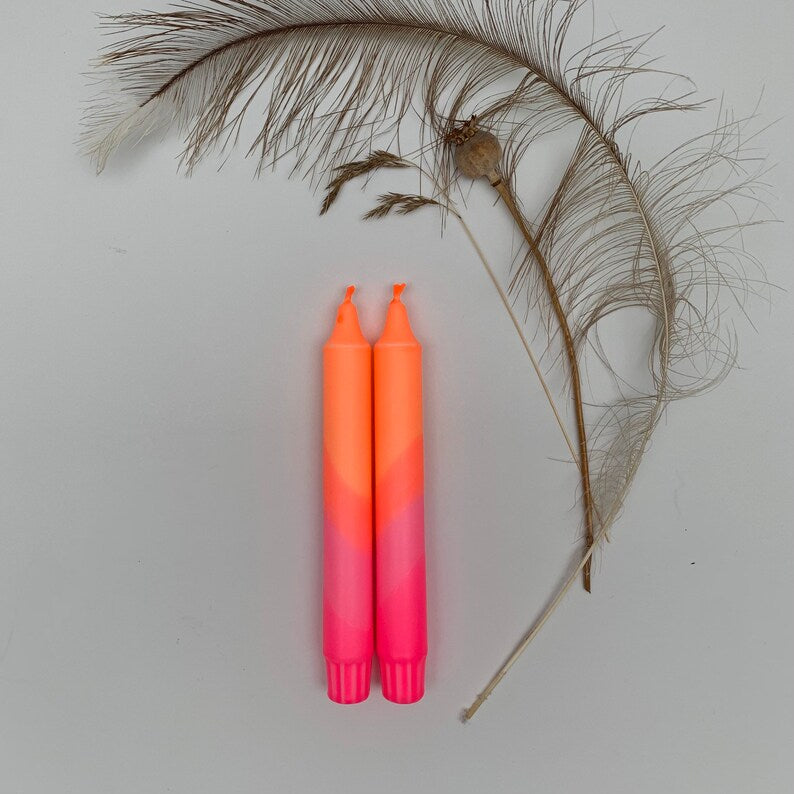 Neon Orange and Neon Pink Swirl Dip Dyed Dinner Candles