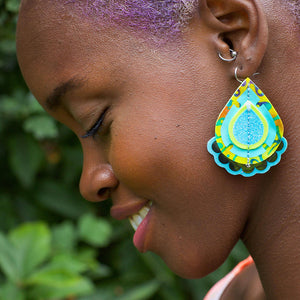 Statement Earrings - Blue, Green & Neon Pink