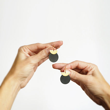 Brass Crescent and Black Disc Earrings